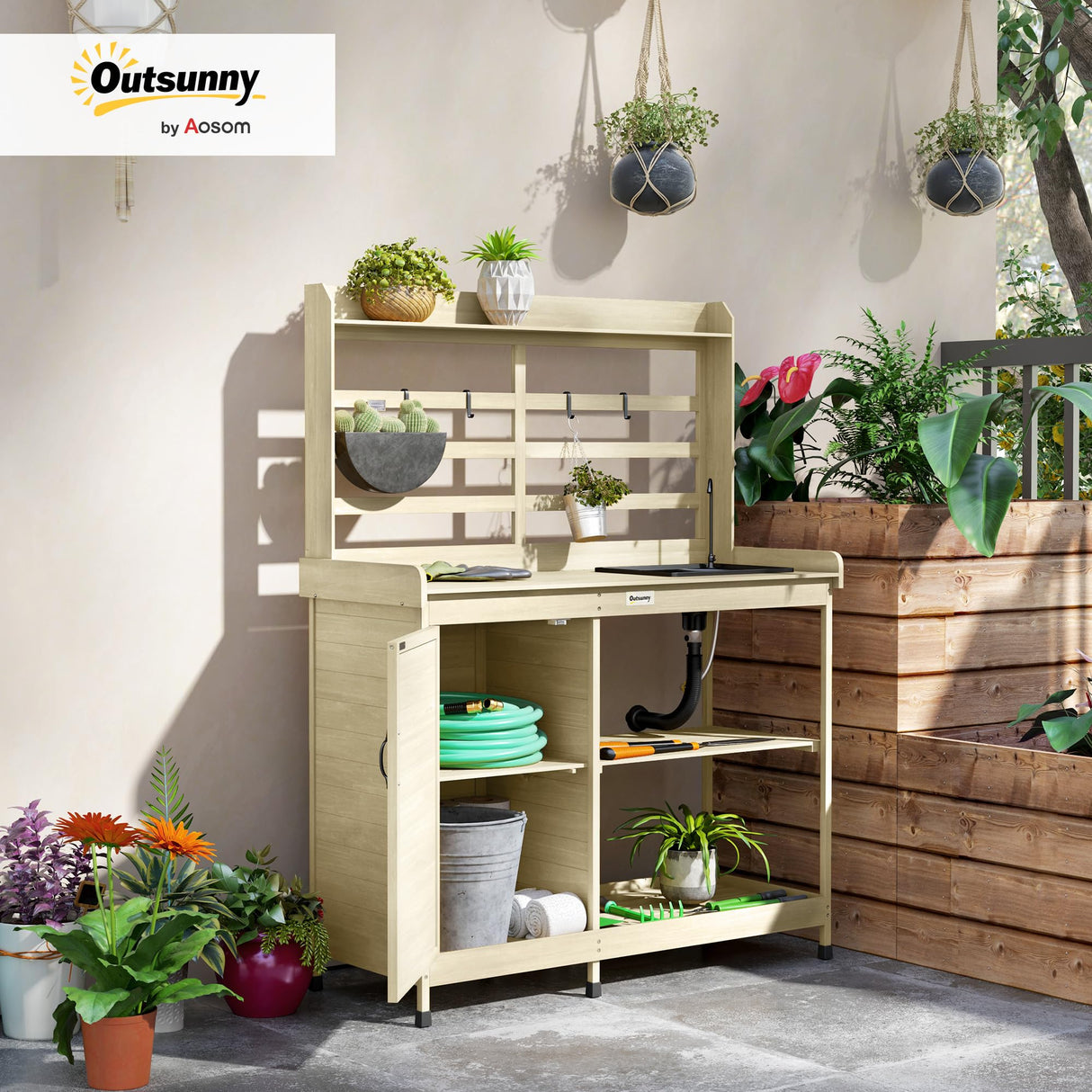 Outsunny Outdoor Wooden Potting Bench Table with Sink and Water Tap, Garden Workstation with Storage Cabinet, Storage Shelves for Backyard, Patio, Balcony, Natural Outsunny