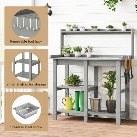 ONBRILL Potting Bench, Outdoor Potting Bench Table with Removable Sink, HDPS Potting Benches for Outside, Garden Table with Storage Shelves & 4 Side Hooks, No Rot, No Fade, No Break, 360lbs Capacity ONBRILL