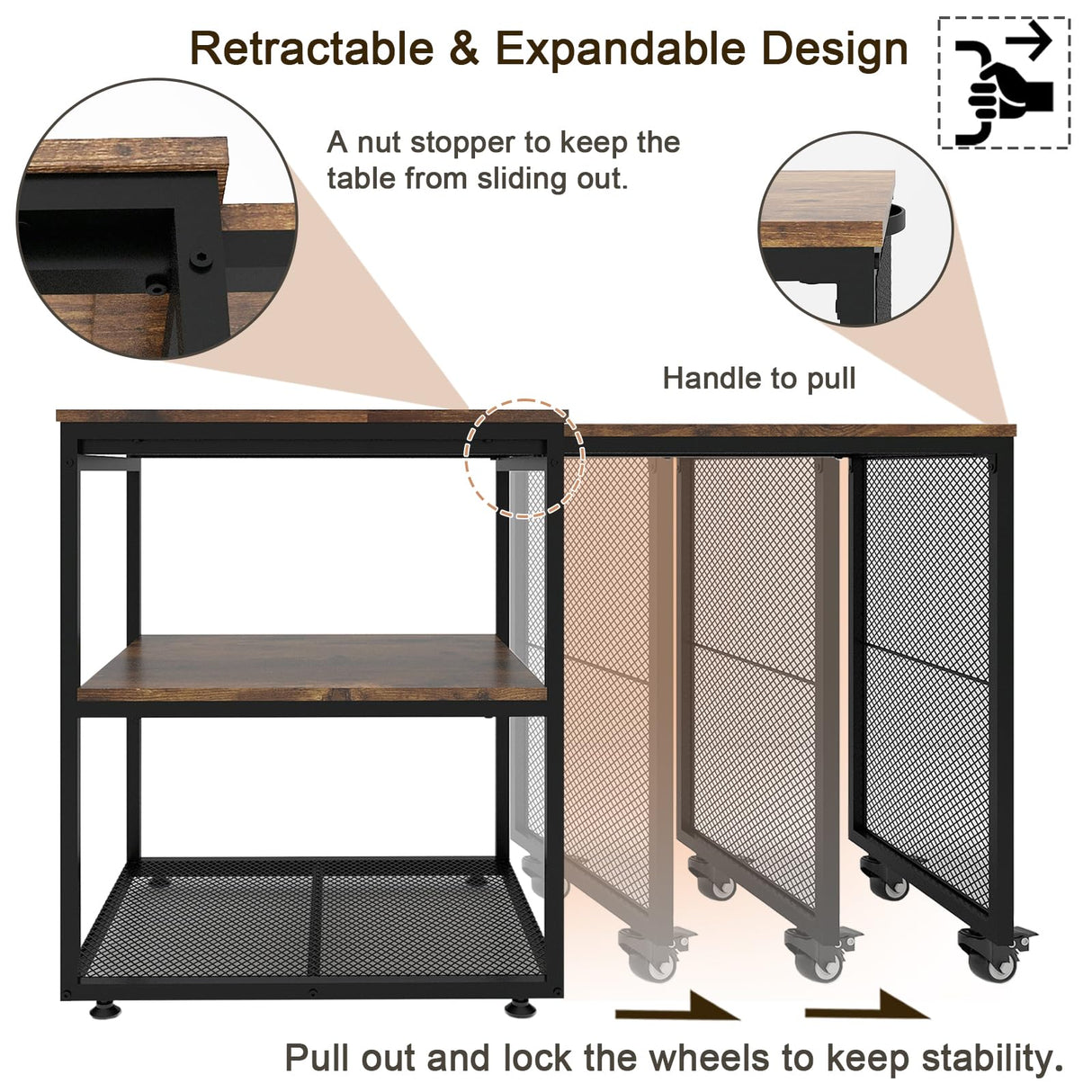 Natwind Large Printer Stand with Storage Shelves,Extendable Home Craft Table,Home Office Organization Desk, Versatile Table for Home Office, Kitchen, Study Room, Living Room (Retro) Natwind