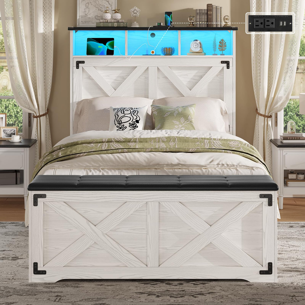 Hasuit Farmhouse Bed Frame Twin Size with Storage Headboard, Charging Station and LED Light, Wooden Twin Bed Frame with Storage Ottoman, Barn Door Design, No Box Spring Needed, No Noise (Walnut White) Hasuit