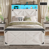 Hasuit Farmhouse Bed Frame Twin Size with Storage Headboard, Charging Station and LED Light, Wooden Twin Bed Frame with Storage Ottoman, Barn Door Design, No Box Spring Needed, No Noise (Walnut White) Hasuit
