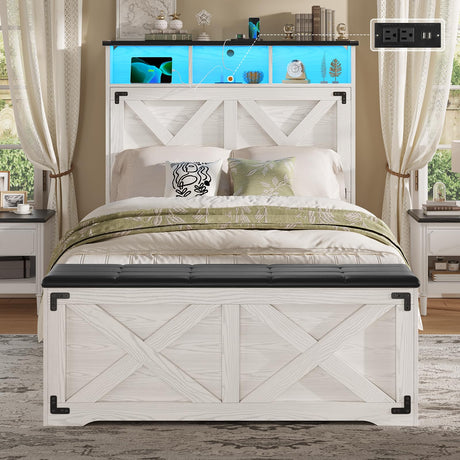 Hasuit Farmhouse Bed Frame Twin Size with Storage Headboard, Charging Station and LED Light, Wooden Twin Bed Frame with Storage Ottoman, Barn Door Design, No Box Spring Needed, No Noise (Walnut White) Hasuit