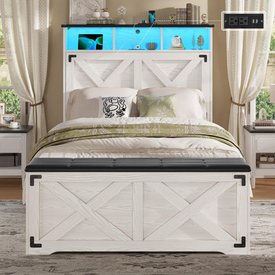 Hasuit Farmhouse Bed Frame Twin Size with Storage Headboard, Charging Station and LED Light, Wooden Twin Bed Frame with Storage Ottoman, Barn Door Design, No Box Spring Needed, No Noise (Walnut White)