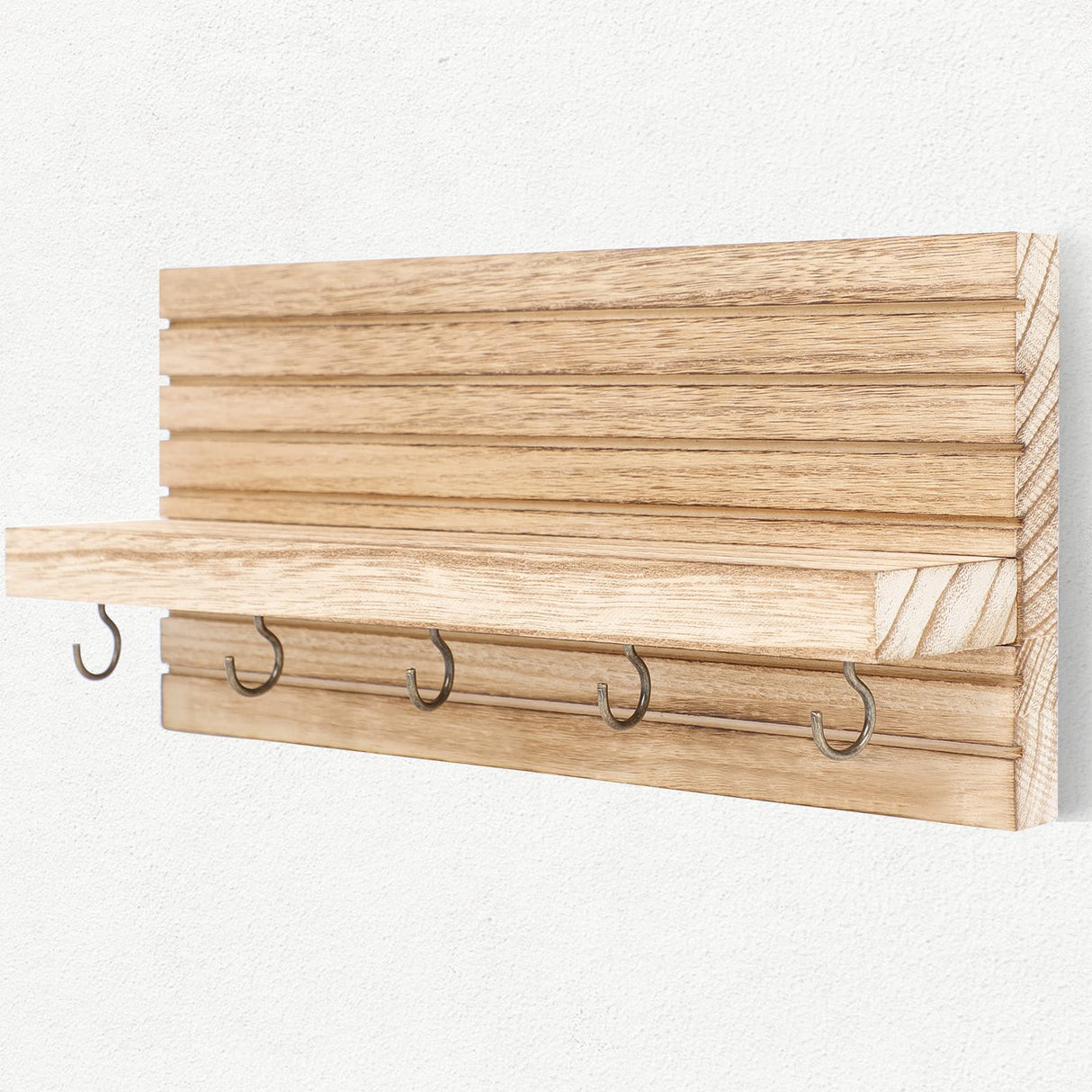 Lwenki Decorative Key Holder for Wall with Shelf, Entryway Shelf with Hooks Holds Leashes, Jackets and Glasses – Sturdy Wood Keyholder Entrance Hanger with Mounting Hardware (Wood) Lwenki