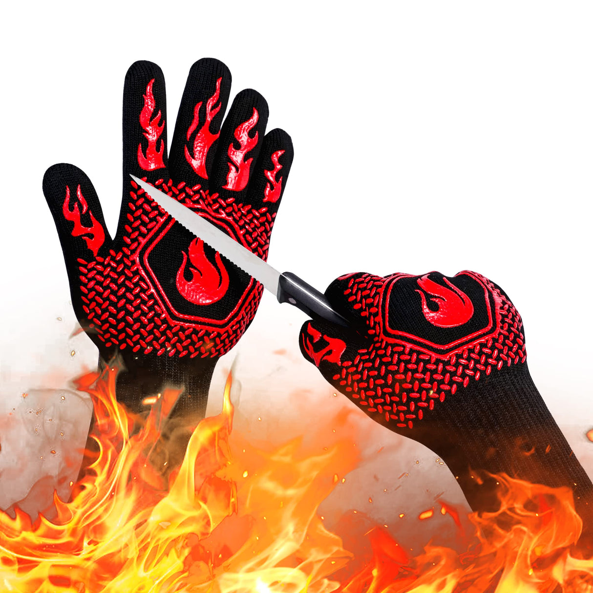 BBQ Fireproof Gloves, Grill Cut-Resistant Gloves 1472°F Heat Resistant Gloves, Non-Slip Silicone Oven Gloves, Kitchen Safe Cooking Gloves for Oven Mitts,Barbecue,Cooking, Frying,13.5 Inch-Red DKHDBD
