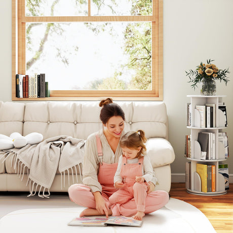 CuFun 3 Tier Rotating Bookshelf, 360 Display Spinning Bookcase, Corner Bookshelf, Floor Standing Revolving Bookcase Storage Rack, Narrow Book Shelf Organizer for Small Space, Bedroom, Office, White CuFun