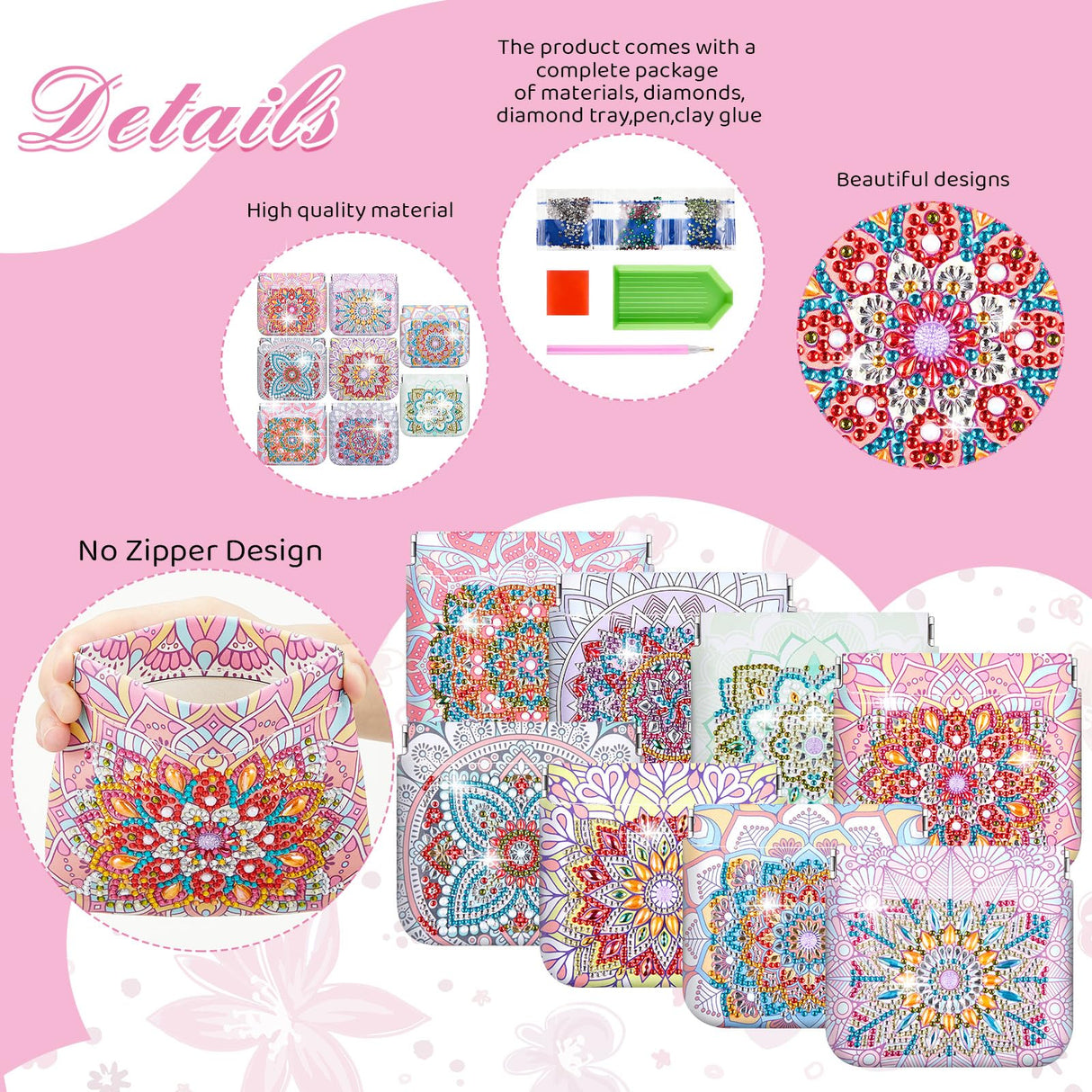 Sanwuta 8 Pcs Mandala DIY Diamond Painting Coin Purse Holder Makeup Bags Bulk Cosmetic Wallet Diamond Painting Kits Pocket Sanwuta