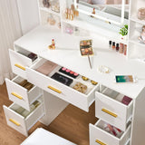 ANWBROAD Vanity Desk Table with Lighted Mirror and Lights Makeup Vanity Desk 39.4“ with Power Outlet 3 Colors Lighting Adjustable Brightness Vanity Table for Bedroom Dressing Room (White + 7 Drawers) ANWBROAD