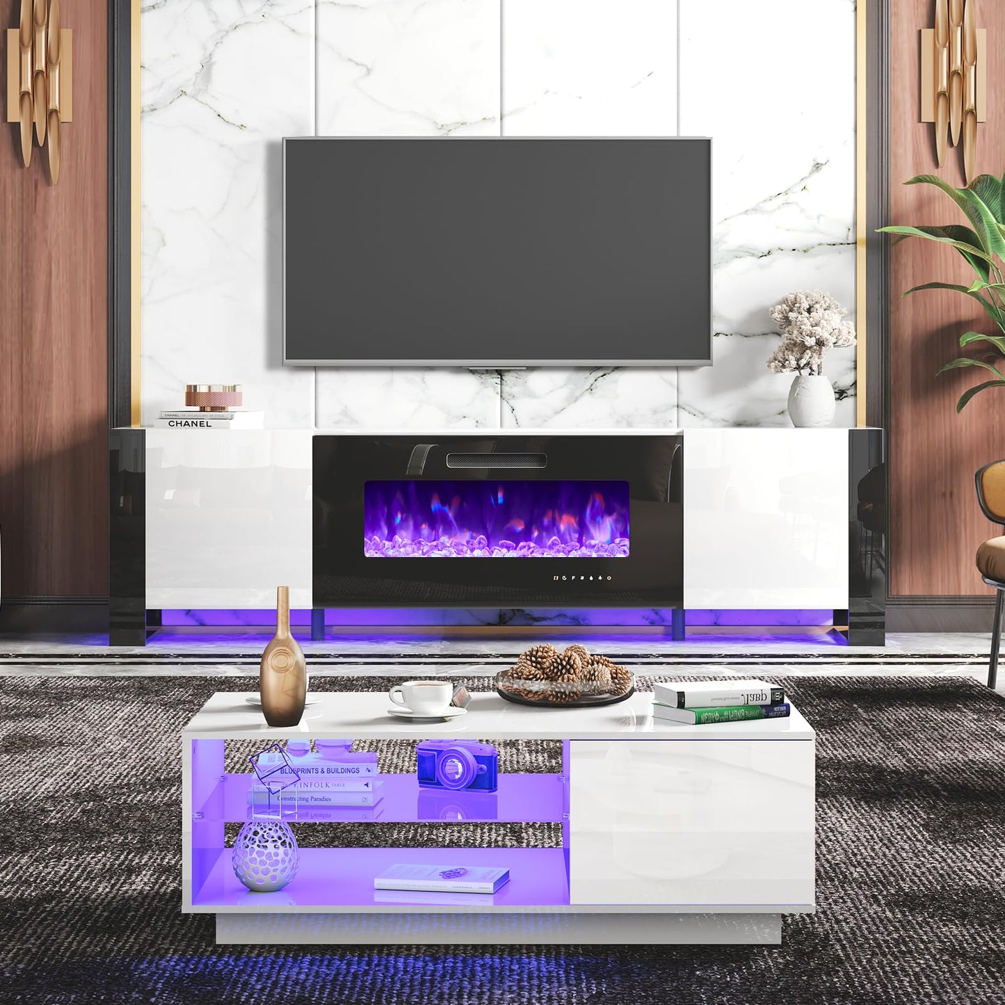 AMERLIFE 3 Piece Living Room Table Sets, 70" Modern High Gloss TV Stand LED Lights, 36" Electric Fireplace, 40" Coffee Tables for Living Room, TV Stand and Coffee Table Set, White&Black