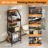 KITIVIALA Fishing Rod Holder for Garage with Hooks & Pegboard, 3-Tier Fishing Pole Rack Holds 12 Rods, Rolling Fishing Rod Storage Organizer with Wooden Tool Box, Fishing Tackle Shelf for Anglers KITIVIALA