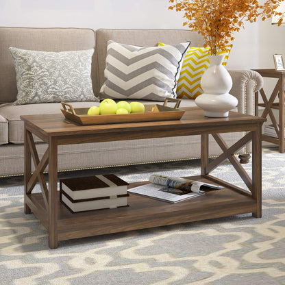 Rainbow Sophia Coffee Table, Modern Farmhouse Wood Coffee Table with 2-Tier Storage, 40 Inch, Dark Walnut - WoodArtSupply