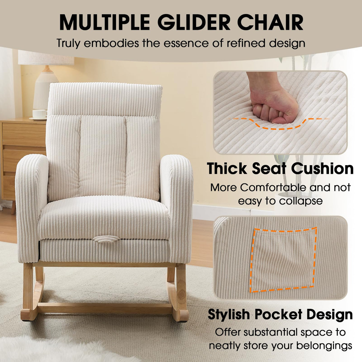 NIOIIKIT Nursery Rocking Chair, Corduroy Upholstered Rocking Chair with Adjustable Footrest, Tufted Rocker Chair with Side Pocket, Glider Rocker for Living Room, Bedroom (Cream Casual) NIOIIKIT