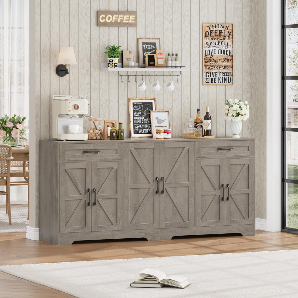 BOTLOG 71” Large Sideboard Buffet Cabinet with Storage, Farmhouse Kitchen Buffet Cabinet with Adjustable Shelves and 6 Barn Doors, Wood Coffee Wine Bar Console Table for Kitchen, Dining Room, Ash Grey BOTLOG