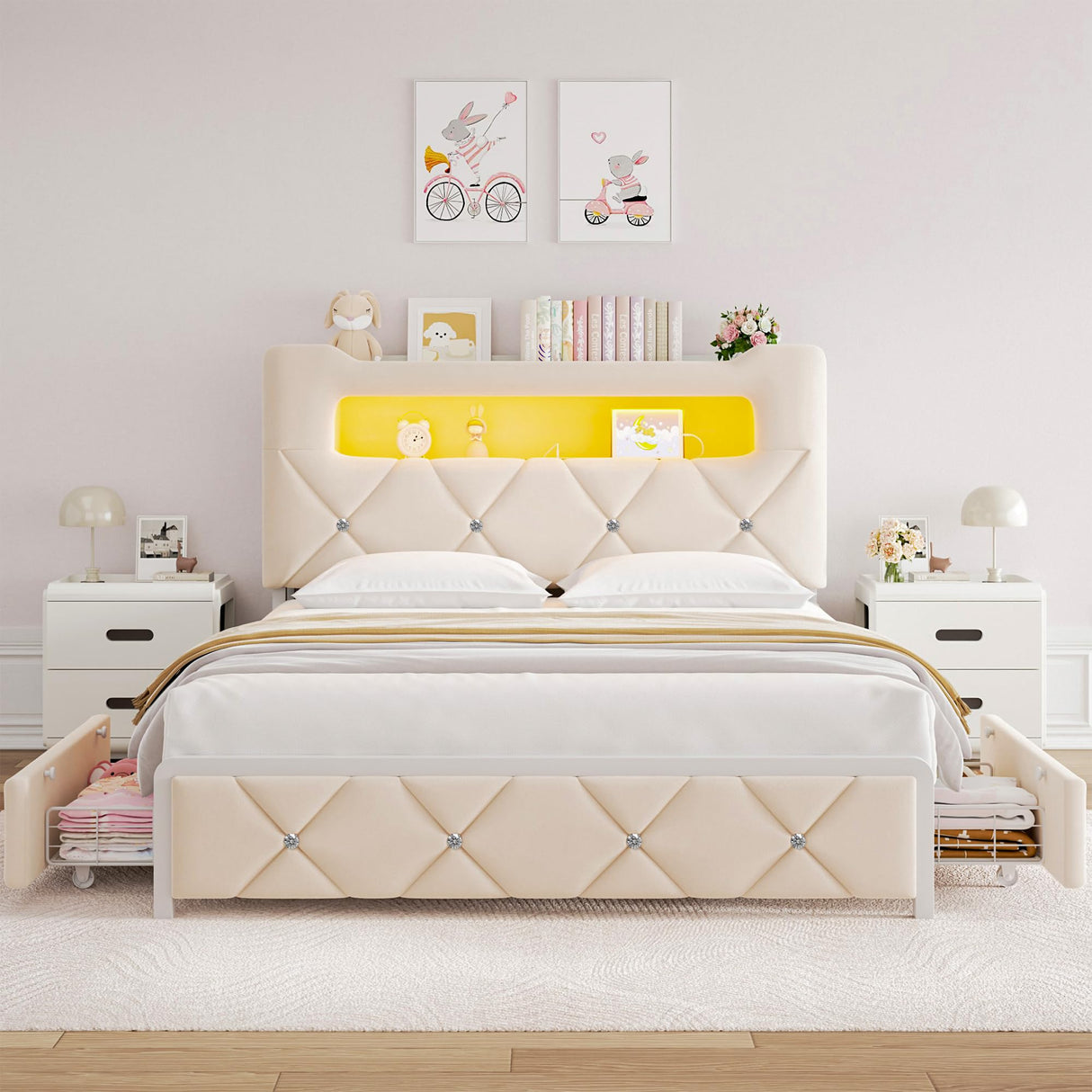 Full Upholstered LED Bed Frame with 2 Storage Drawers and 2-Tier Storage Headboard, Velvet Princess Platform Bed with Charging Station & Bookcase, Corner Bed Frame, Heavy Duty Metal Support, Beige Jocoevol