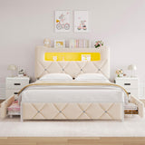Full Upholstered LED Bed Frame with 2 Storage Drawers and 2-Tier Storage Headboard, Velvet Princess Platform Bed with Charging Station & Bookcase, Corner Bed Frame, Heavy Duty Metal Support, Beige Jocoevol