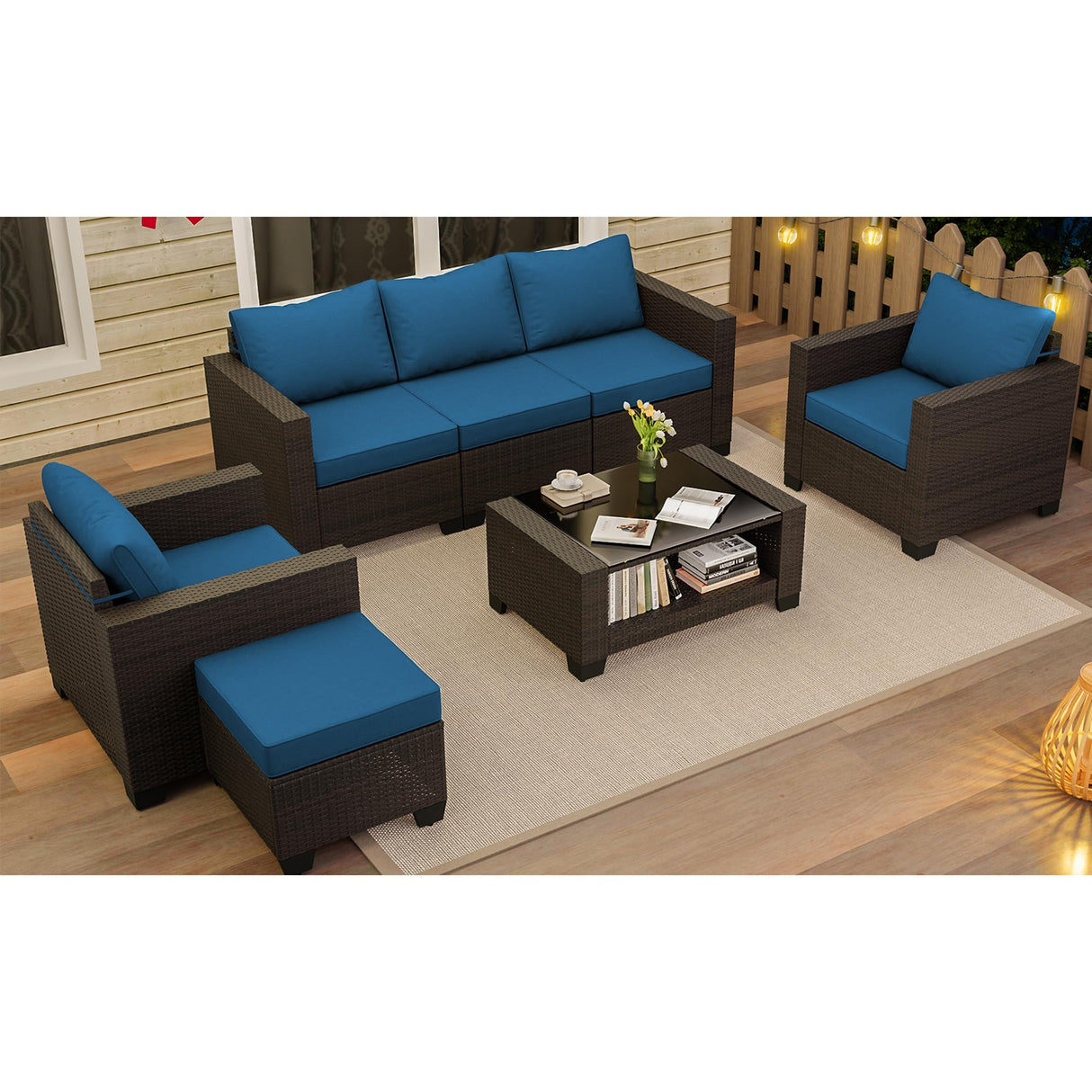 KIGOTY Patio Furniture Set 7 Pieces Conversation Sets, Outdoor Sectional Sofa, All-Weather PE Rattan Modular Sofa with Cushions and Glass Coffee Table（Brown/Peacock Blue,C） KIGOTY