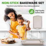 NutriChef 3 Piece Nonstick Cookie Sheets for Baking - Premium Carbon Steel Baking Pans with White Silicone Handles - Even Heat Distribution, PFOA/PFOS/PTFE Free, Easy to Clean - Cream Marble, NCBKT3CM NutriChef