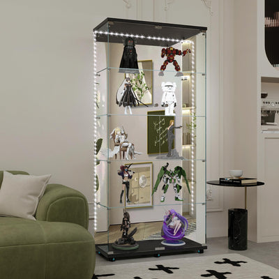 Glass Display Cabinet with LED Lights,Mirrored Back, 2 Doors 4-Tiers Curio Cabinets with Lock&Wheels, Floor Standing Glass Bookshelf Collectibles Toys Display Case for Living Room Office, Black