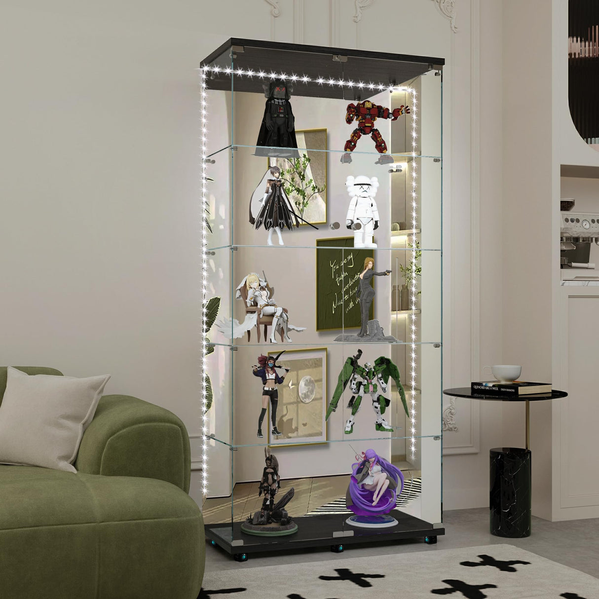 5-Shelf Glass Display Cabinet with Lights Strip and Mirror Back Panel, 2 Lock Door Curio Cabinets Collectibles Display Case, Floor Standing Glass Bookshelf for Living Room Bedroom Office, Black TehRecBT