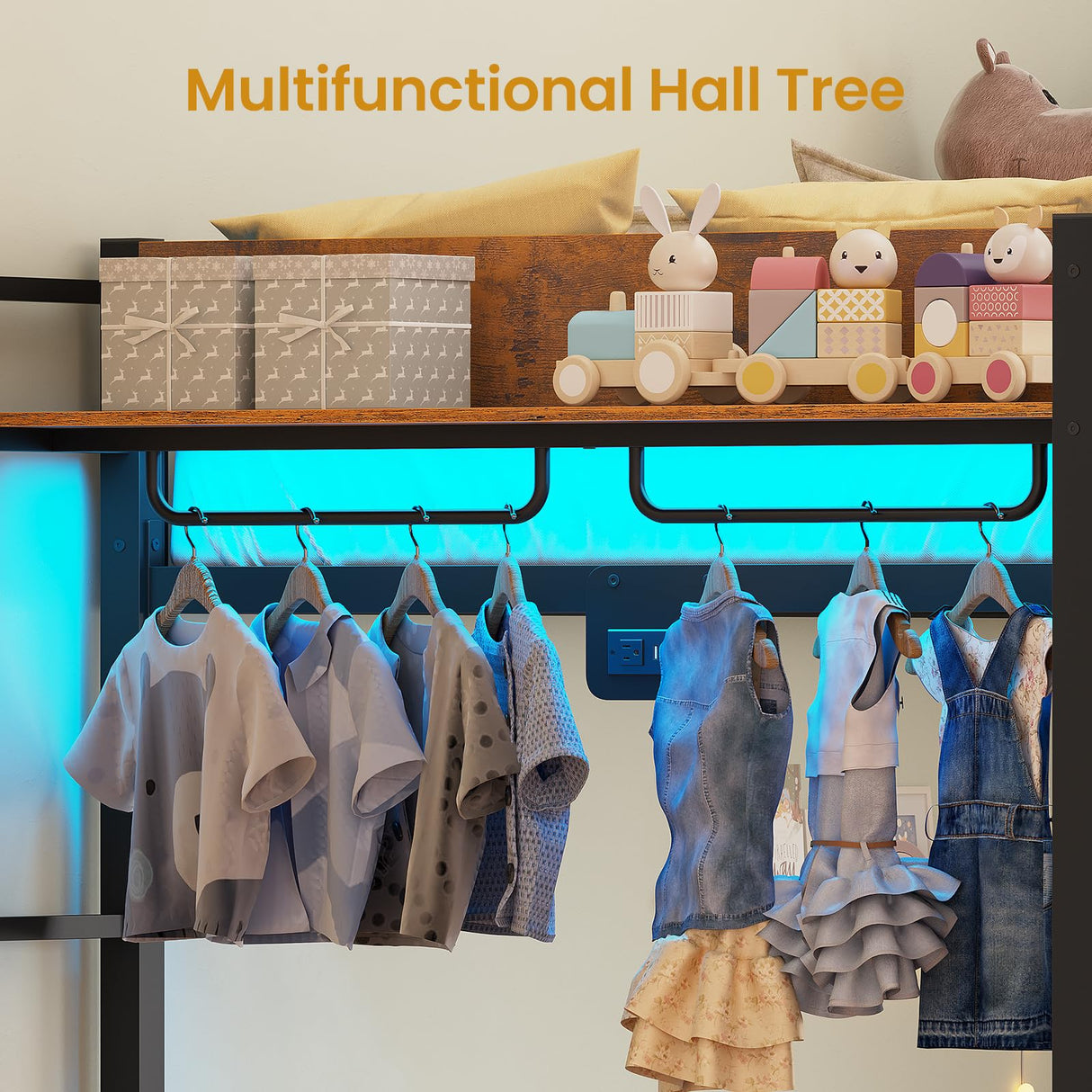 Itaar Metal Bunk Bed Twin Over Twin with Hall Tree, Power Outlet, LED Bunk Bed with 4 Storage Drawers, Bed with Safety Guardrail & Ladders, No Box Spring Needed, Easy Assembly, Rustic Brown Itaar