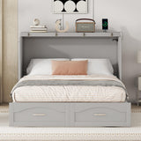 Ball & Cast Murphy Bed Full Size,Cabinet Bed with Drawer and a Set of Sockets,Space Saving Hideaway Wall Bedframe w/USB Ports & Pulley Structure Design,Slat Support,Furniture for Small Space,Gray Ball & Cast