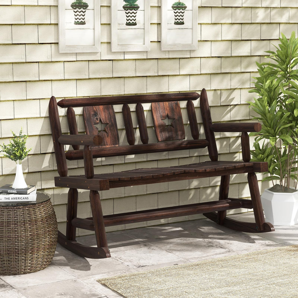 Tangkula Rustic Brown Double Rocking Loveseat for Outdoor Relaxation Tangkula