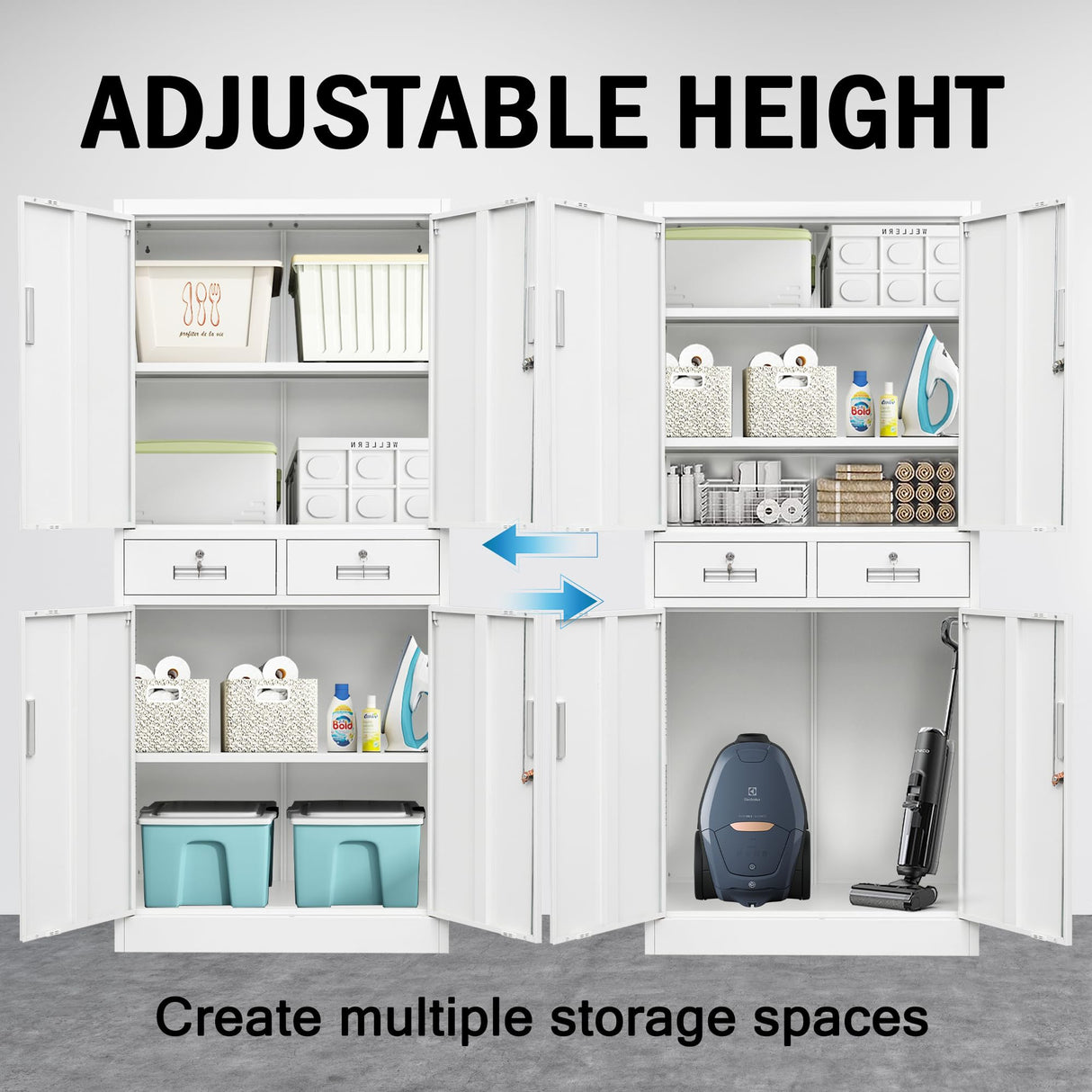 Metal Storage Cabinet，71" Garage Storage Cabinet with 2 Locking Drawer and 4 Adjustable Shelves ，Black Tool Cabinet，Lockable File Steel Cabinet for Home, Office, Gym, School. TaskStorz