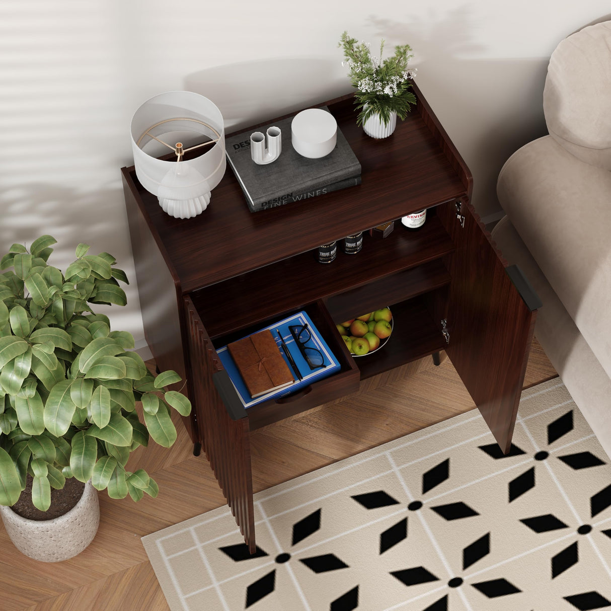 COCO DESIGN Modern Wine Bar Cabinet with Fluted Door, Glass Holder & Drawers, Farmhouse Coffee Cabinet with Removable Wine Rack & Adjustable Shelf, Exquisite Liquor Cabinet for Living Room, Walnut COCO DESIGN