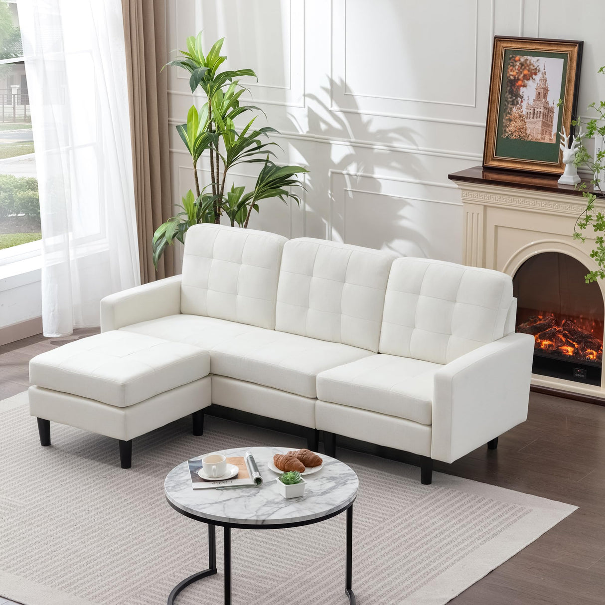 VECELO Convertible Sectional Sofa, Modern Linen Fabric L-Shaped Couch with Reversible Chaise for Living Room/Apartment/Office, White VECELO