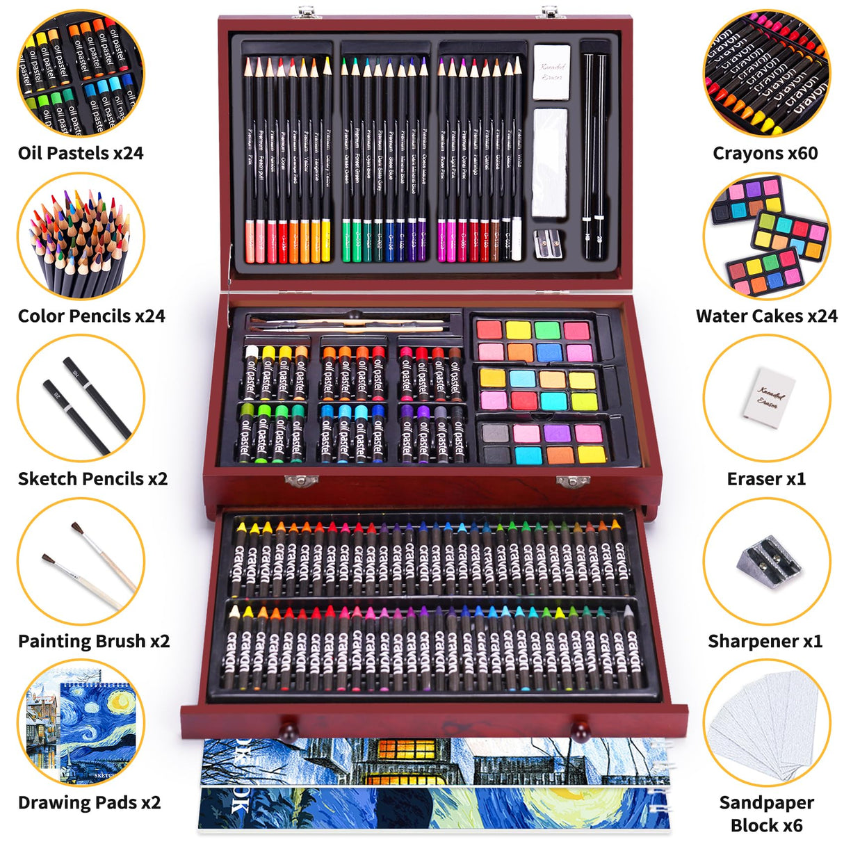 145 Piece Deluxe Art Set with 2 x 50 Sheet Drawing Pad, Art Supplies Wooden Art Box, Drawing Painting Kit with Crayons, Oil Pastels, Colored Pencils, Creative Gift Box for Adults Artist Beginners COOL BANK