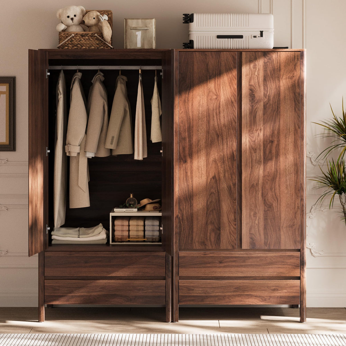 MAISONARIA Wardrobe with 2 Doors and 2 Drawers, 70.9”H Modern Walnut Bedroom Armoire Closet with Hidden Handles, Freestanding Wooden Storage Cabinet for Clothes and Essentials MAISONARIA