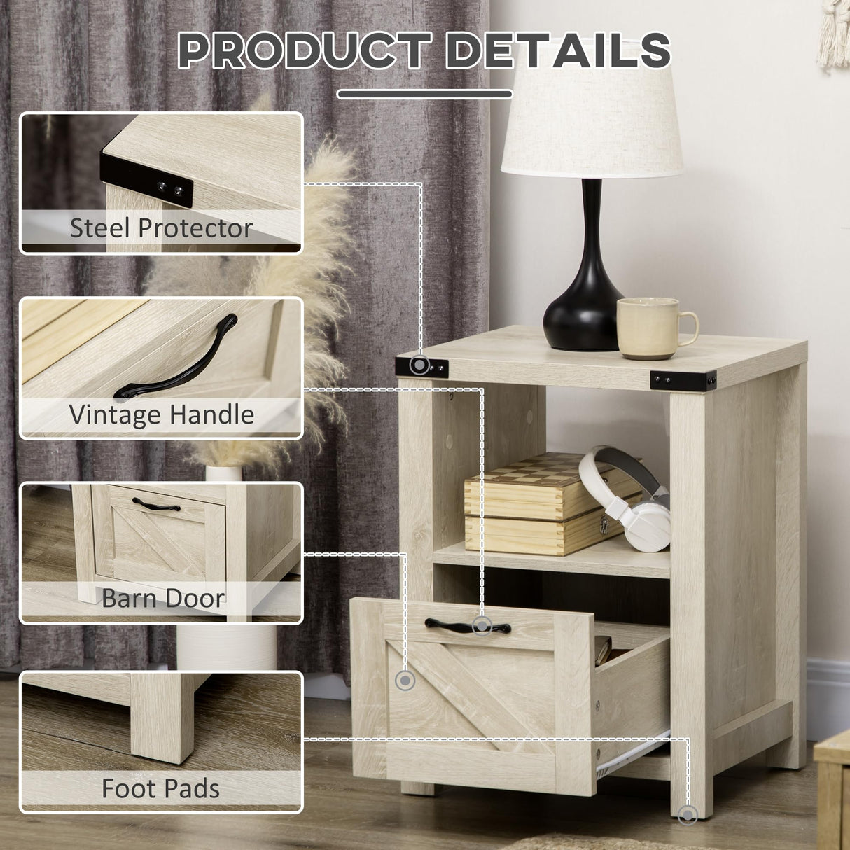 HOMCOM Farmhouse End Table, Rustic Side Cabinet with Storage, Small Side Table with Drawer, Wood Effect Tabletop for Living Room, Oak HOMCOM