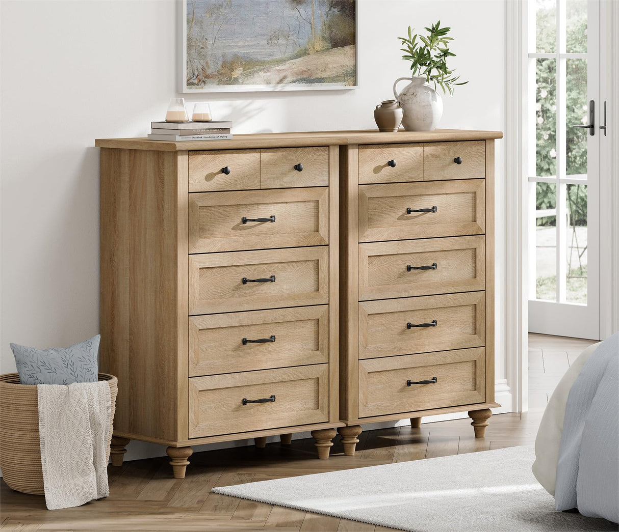 WAMPAT Wide Dresser for Bedroom with 10 Drawers, Farmhouse Chest of Drawers with Solid Wood Legs, Vertical Dresser Storage Organizer, Wooden Dressers Set for Kids Bedroom, Hallway, Oak WAMPAT