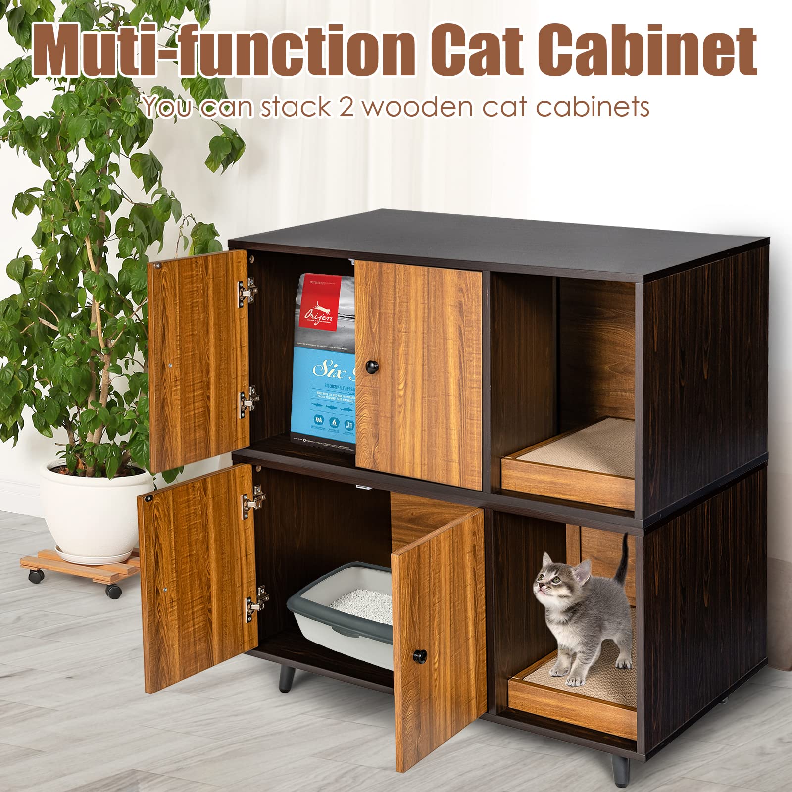 Tangkula Cat Litter Box Enclosure, Cat Washroom W/Divider, Scratching Pad, Metal Leg, Enclosed Cat Box Cabinet Pet House W/Double Doors, Litter Box Furniture Hidden for Large Cat (Walnut & Bl - WoodArtSupply