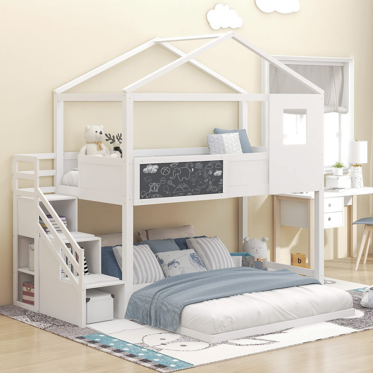 Twin Over Full House Bunk Bed with Storage Staircase & Blackboard, Wood Kids Bunk Bed with Roof and Guardrails, Playhouse Bunk Beds for Kids, Teens, Adults, No Box Spring Required (White) Bellemave