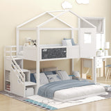 Twin Over Full House Bunk Bed with Storage Staircase & Blackboard, Wood Kids Bunk Bed with Roof and Guardrails, Playhouse Bunk Beds for Kids, Teens, Adults, No Box Spring Required (White) Bellemave