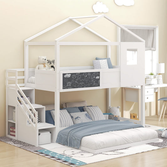 Twin Over Full House Bunk Bed with Storage Staircase & Blackboard, Wood Kids Bunk Bed with Roof and Guardrails, Playhouse Bunk Beds for Kids, Teens, Adults, No Box Spring Required (White)