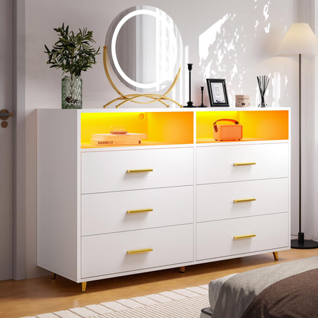 EnHomee Dresser, Dresser for Bedroom, White Dresser with LED, Wood Dressers & Chests of Drawers, 6 Drawers Dresser for Bedroom, Dresser Wood, Large Dressers Bedroom Furniture EnHomee