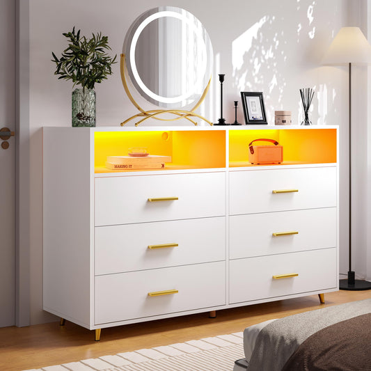 EnHomee Dresser, Dresser for Bedroom, White Dresser with LED, Wood Dressers & Chests of Drawers, 6 Drawers Dresser for Bedroom, Dresser Wood, Large Dressers Bedroom Furniture