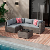 Tradare 5 Pieces Outdoor Patio Furniture Set, Wicker Patio Conversation Sectional Sofa Set, All Weather PE Rattan Sofa with Glass Table and Grey Cushions Tradare