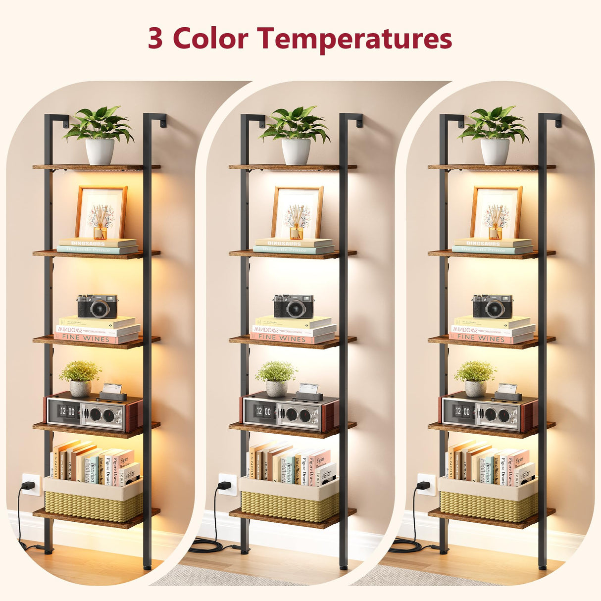 Tajsoon 5-Tier Ladder Shelf with LED Light, Wall Mounted Ladder Bookshelf with Metal Frame, Wall Ladder Bookshelf for Living Room, Bedroom, Office, Rustic Brown Tajsoon