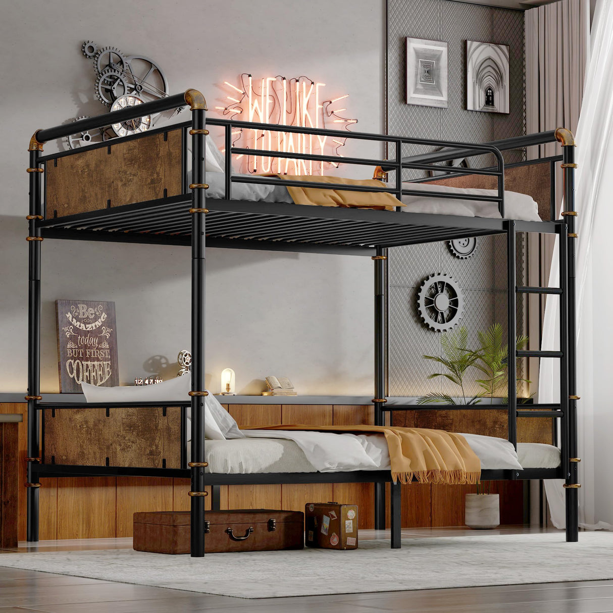 Twin XL over Twin XL Industrial Bunk Beds for Kids and Teens , Heavy-Duty 2 IN 1 Metal Convertible Bunk Bed with Ladder and Slats Support ,15.9" High Guard Rail,Space-Saving ,Noise Reduced,Black MoproBeti