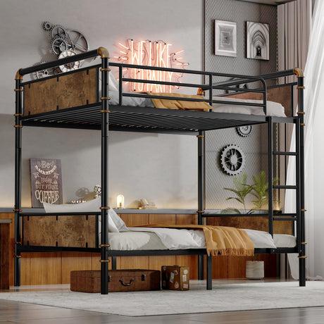 Twin XL over Twin XL Industrial Bunk Beds for Kids and Teens , Heavy-Duty 2 IN 1 Metal Convertible Bunk Bed with Ladder and Slats Support ,15.9" High Guard Rail,Space-Saving ,Noise Reduced,Black MoproBeti
