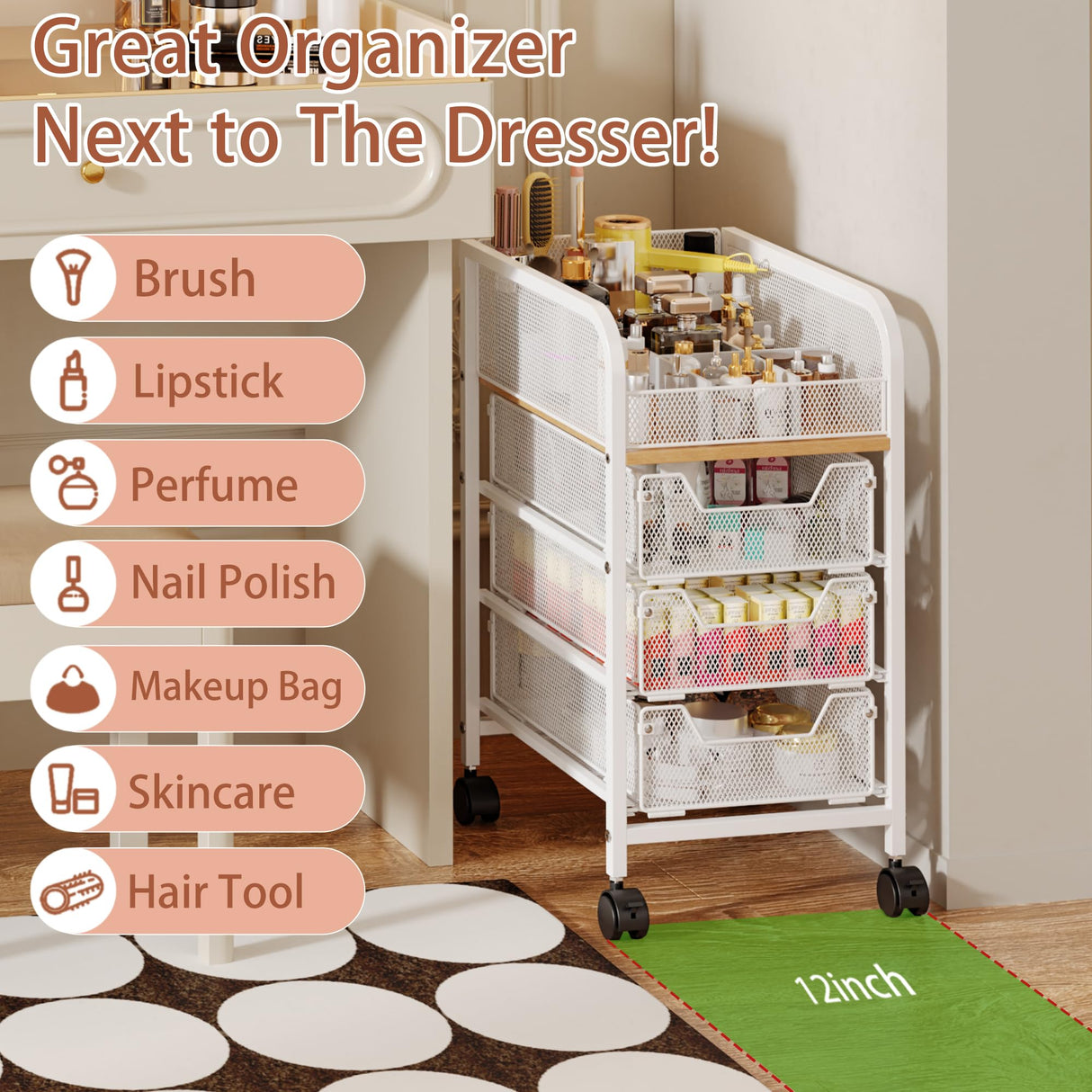 Rolling Makeup Cart Organizer with 3 Drawers, 4-Tier Narrow Floor Skincare Organizers with dividers, Vanity Organizer Cosmetics Display Cases for Makeup Brush, Hair Tool, White Jakyitvi