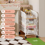 Rolling Makeup Cart Organizer with 3 Drawers, 4-Tier Narrow Floor Skincare Organizers with dividers, Vanity Organizer Cosmetics Display Cases for Makeup Brush, Hair Tool, White Jakyitvi
