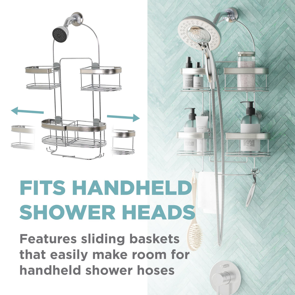 Zenna Home Rust-Resistant Hanging Shower Caddy for Handheld Shower Heads, Over the Shower Head Caddy with 2-Way Adjustable Baskets and Storage Hooks, Bathroom Hanging Organizer, Stainless Steel Zenna Home