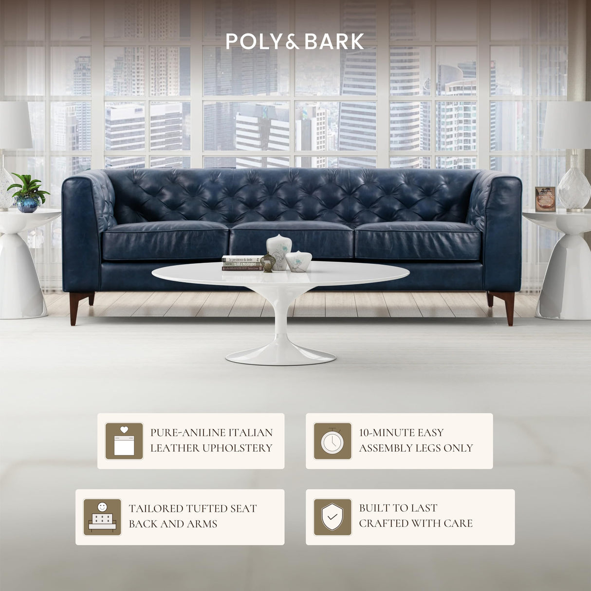 POLY & BARK Essex Leather Couch - 89-Inch Sofa with Tufted Back - Full-Grain Leather Sofa for Living Room with Feather-Down Topper - Living Room Couch - Vintage Italian Leather in Midnight Blue POLY & BARK