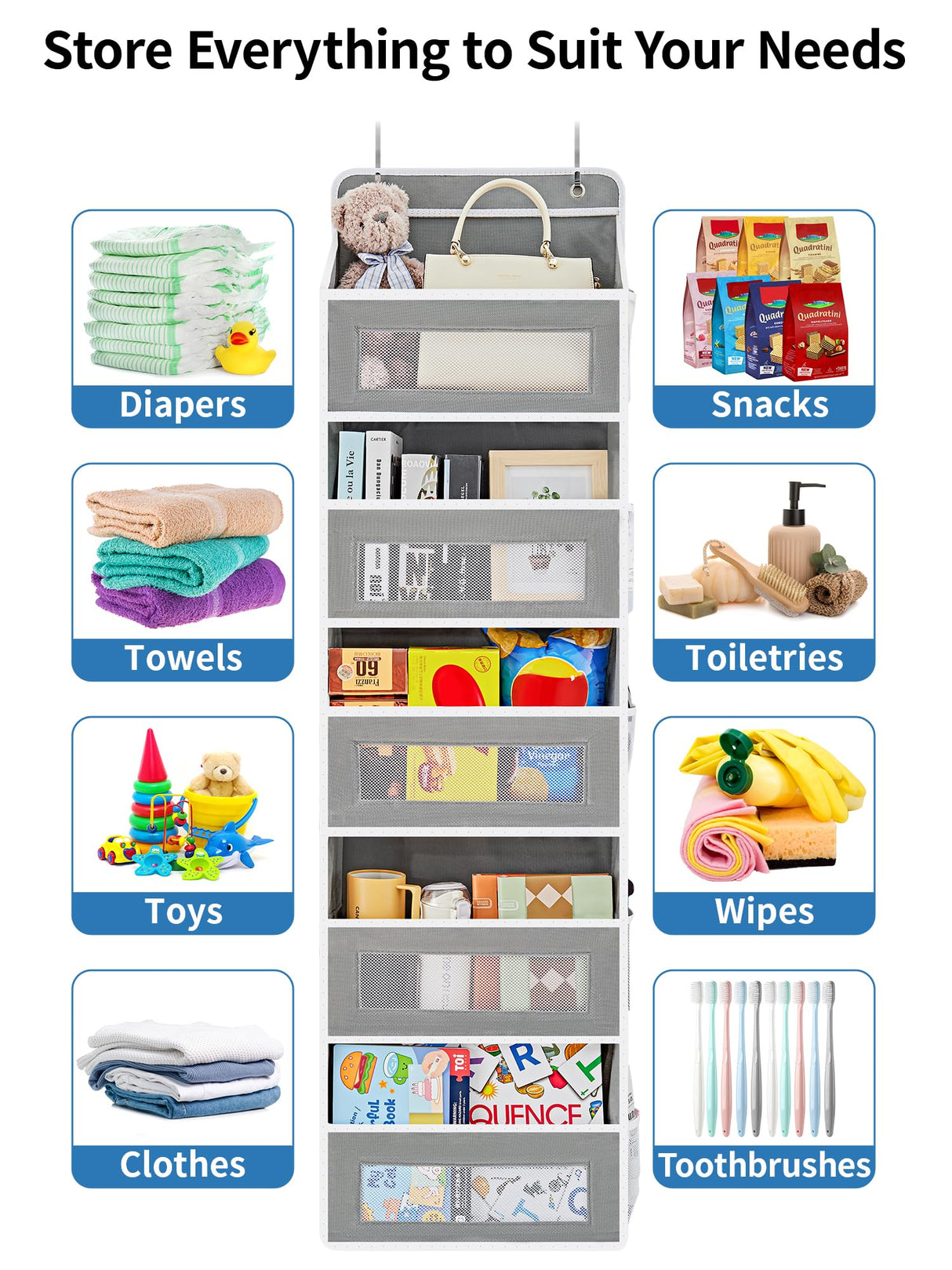 JARLINK Over The Door Organizer Storage, 5 Shelf Hanging Door Organizer with 5 Large Capacity Pockets, Anti Tilt 44 lb Load Behind Door Organizer for Bedroom, Bathroom, Pantry, Nursery, (Grey) JARLINK