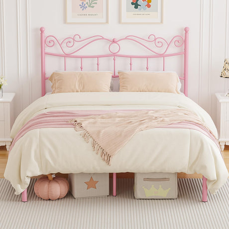 Merronix Full Size Bed Frame with Headboard, Elegant Metal Bed Frame Full for Girls, Modern Kids Full Bed Frame No Box Spring Needed, 11.2 Inches Height Clearance - Pink Merronix