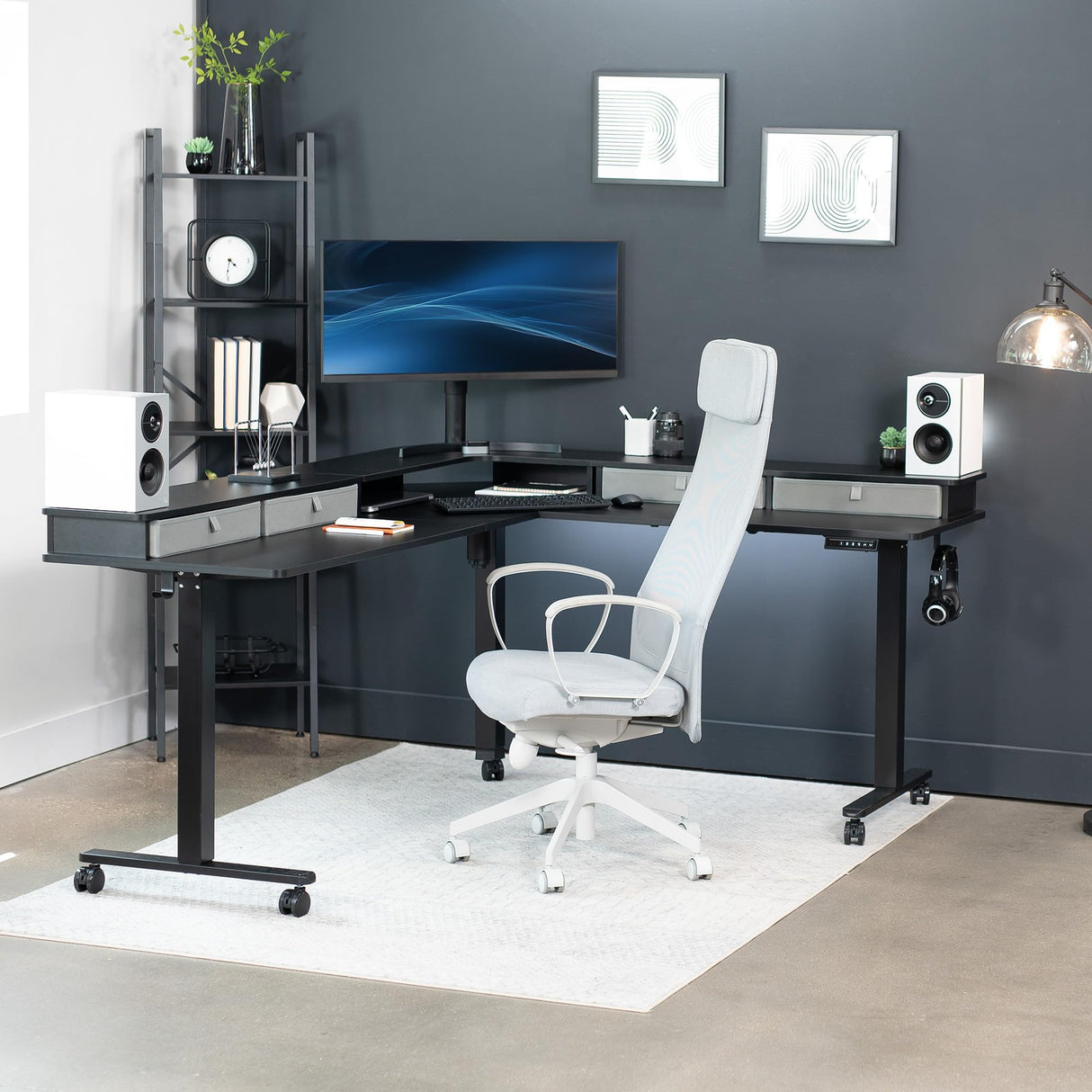 VIVO Electric 2-Tier Height Adjustable 75 x 63 inch Stand Up Corner Desk, L-Shaped Mobile Table with Memory Controller, Black Table Top, Black Frame, Dark Gray Storage Drawers, DESK-E3CVB-75 VIVO